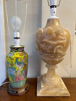 Two vintage Oriental style lamps. One heavy soapstone 53cm to fitting , the other ceramic.