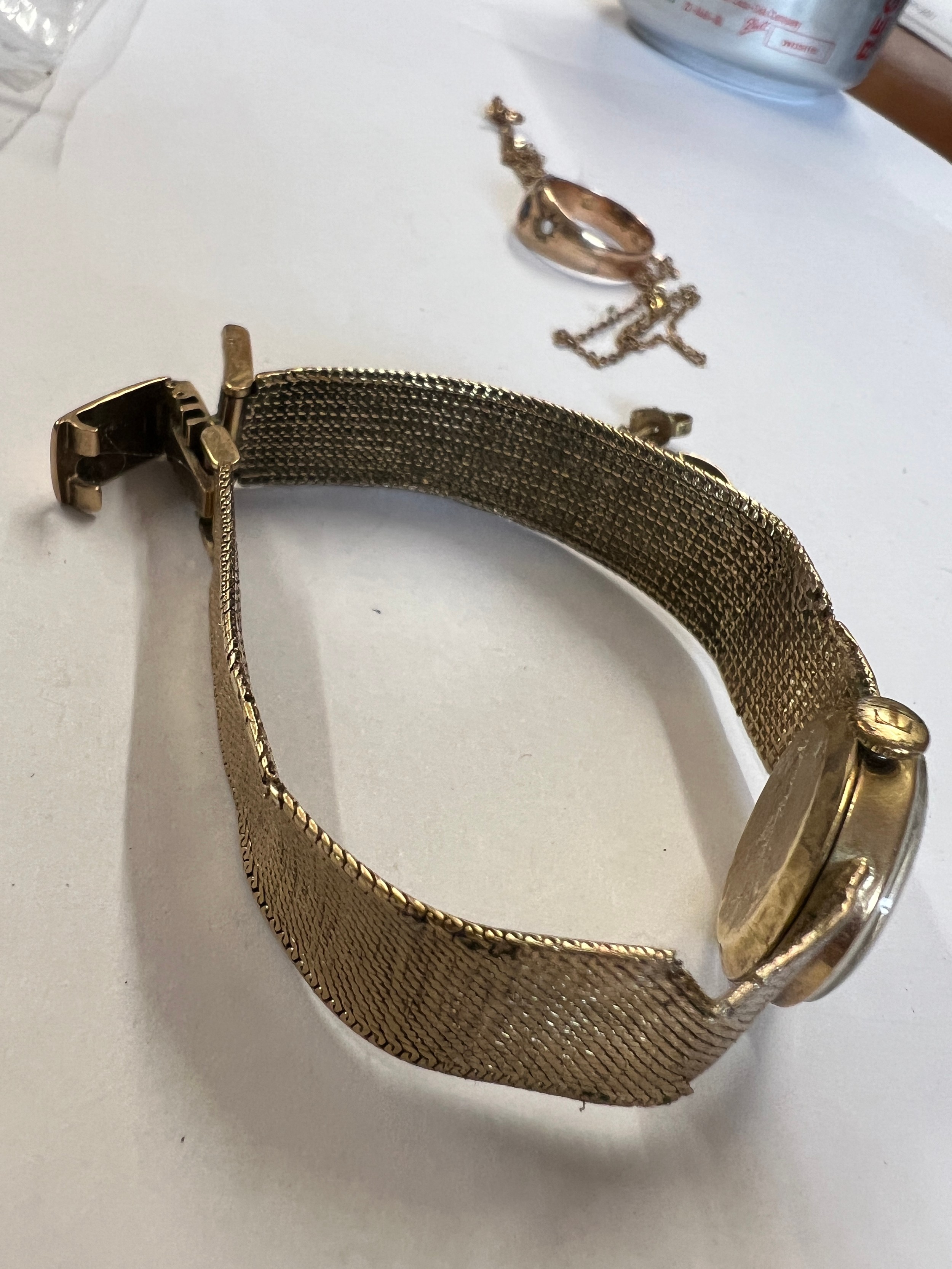 Nine carat gold Tissot watch and strap, gem set ring and unmarked chain and two odd earrings. - Image 3 of 3