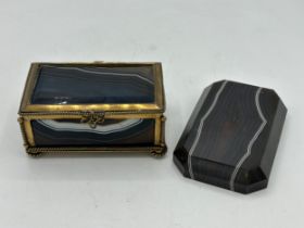 Two pieces of banded agate, one a paperweight 11.5 x 8cm and one rectangular box with gilt mounts