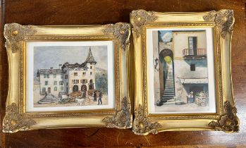 A pair of Continental watercolours of street scenes. Framed and glazed with non reflective glass.