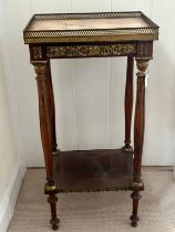 A mahogany and gilt embellished hall table with marble and metal galleried top. 40.5 w x 32 d x 81cm