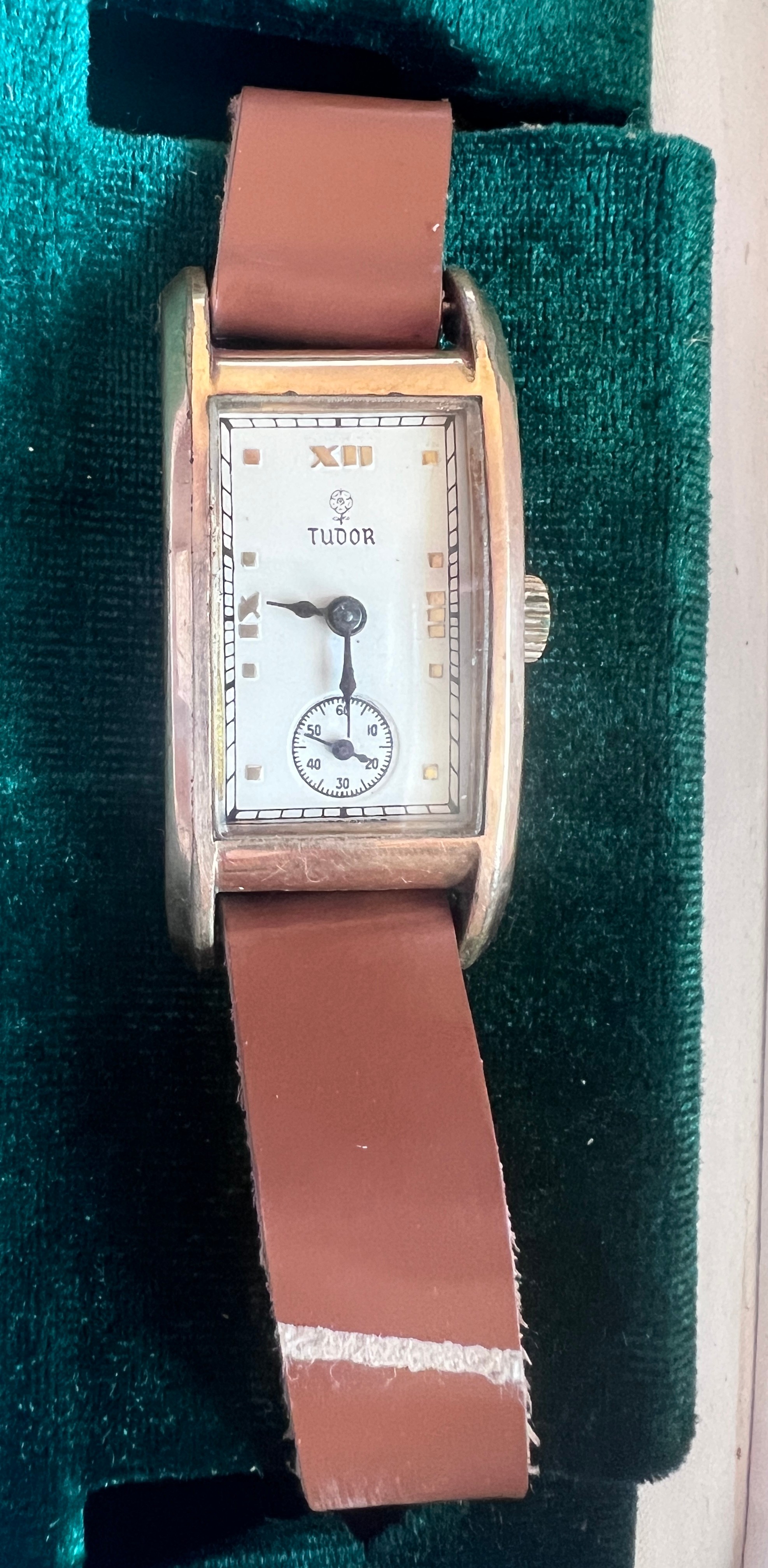 A Rolex Tudor gold plated, Art Deco, hand winding wristwatch on brown leather strap in green Rolex - Image 3 of 5