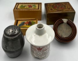 A miscellany to include pocket watch holder, Art Nouveau painted box, 2 small hand painted boxes,