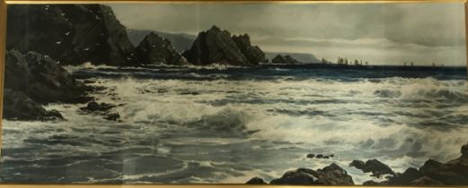 Oil on board of the coast of North Devon by Reginald Smith (1855-1925). Image size 27cm x 67cm.