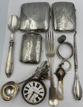 Hallmarked and sterling silver to include three cigarette cases, pocket watch, fork, rattle,