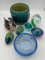 Twentieth century glass to include Caithness ‘Swish’ paperweight, mushroom, vase in blue/green