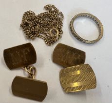 Nine carat gold to include cuff links, chain necklace and gem set ring. Total weight 10.57gm.