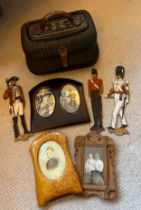 An early 20thC French basket with leather handle and fastenings, 19thC wooden double oval photograph