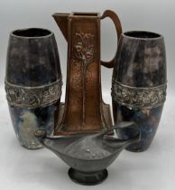 Art Nouveau metalware to include pewter Kayserzinn oil lamp, copper jug 23cm h and pair of vases.