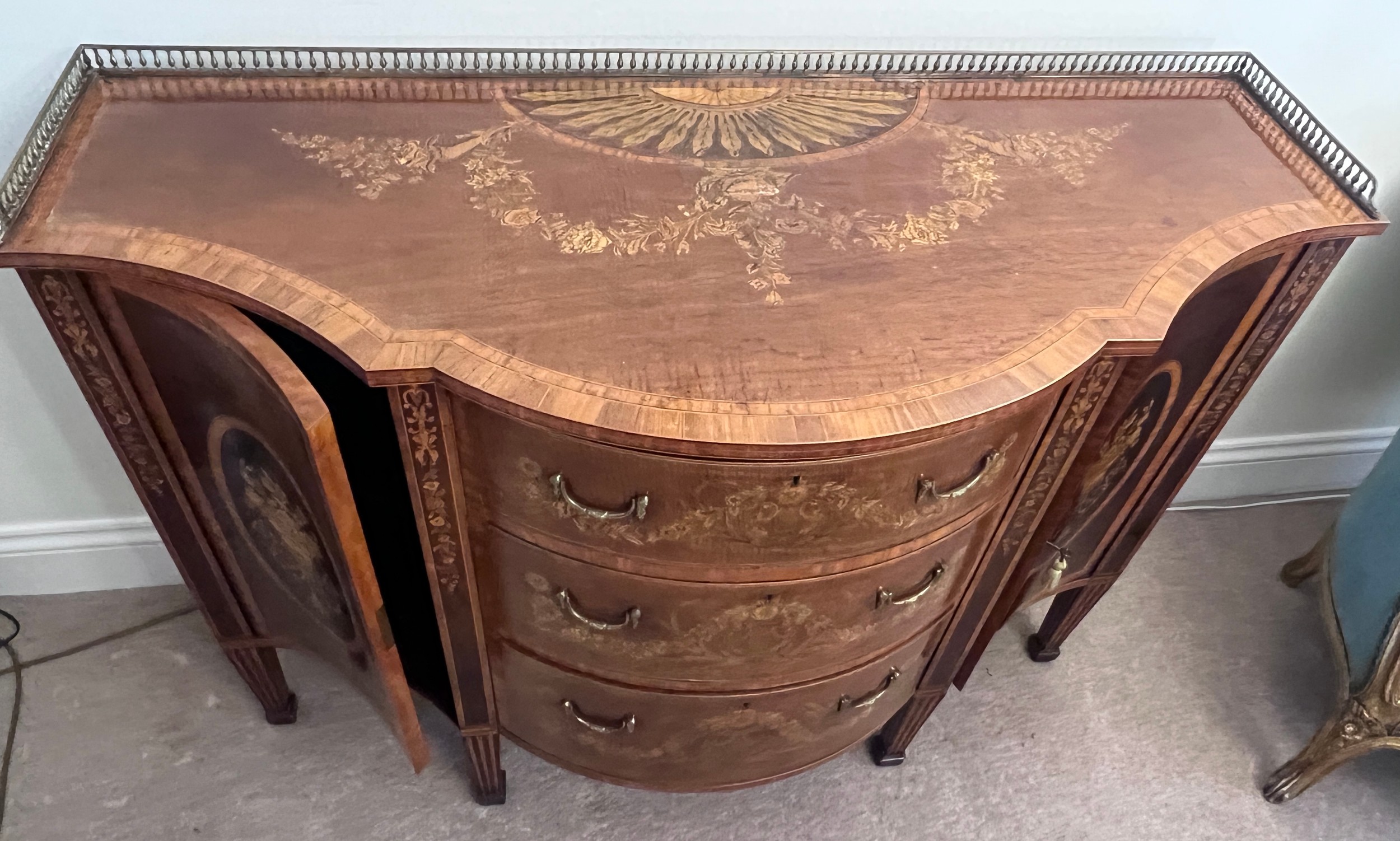 A 19thC continental fine quality breakfront marquetry side cabinet with various woods including - Image 3 of 13