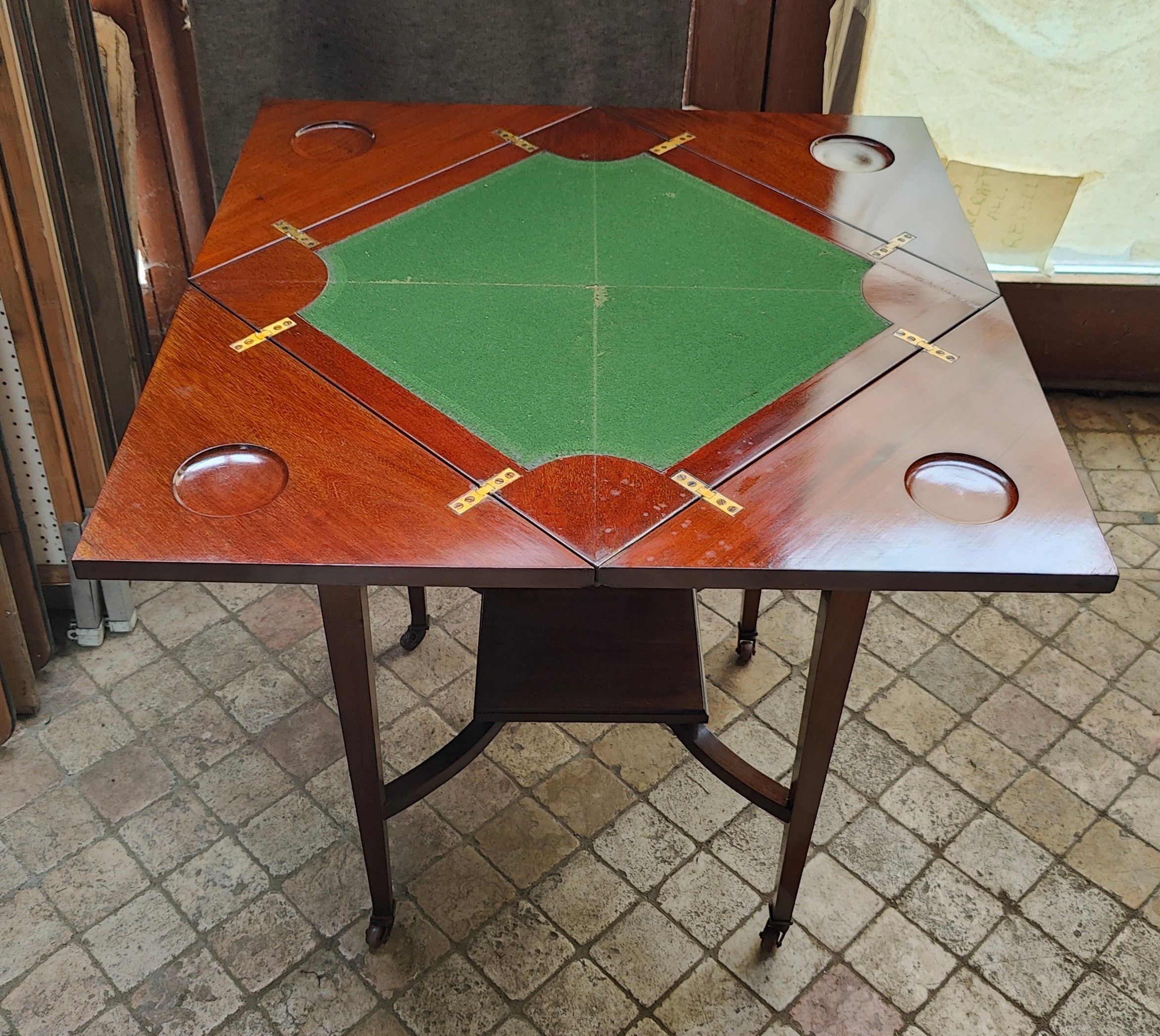 An Edwardian Mahogany fold out envelope card table with draw to front and green baize and four - Image 2 of 8