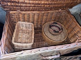 A large quantity of vintage baskets, largest fabric lined with metal and leather fittings.