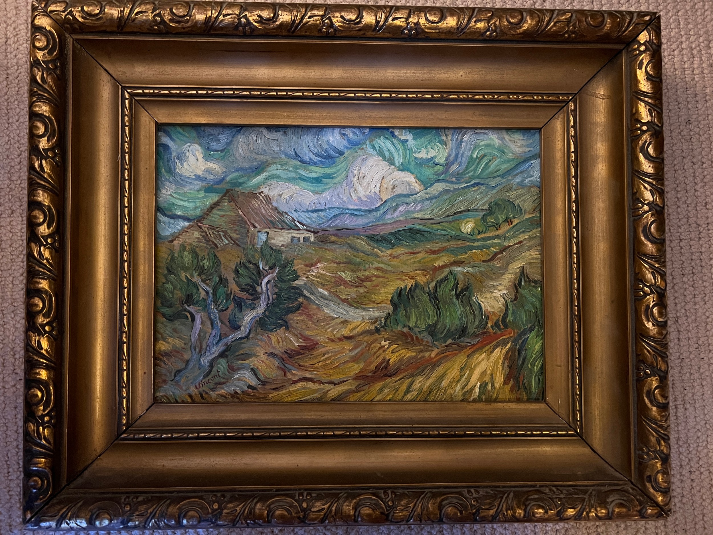 Oil on canvas impressionistic landscape in the manner of Van Gogh in gilt frame bearing label Curt - Image 5 of 9