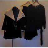 Costume to include early 20thC fitted black and cream velvet jacket with single button and wing