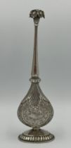 A white metal rosewater sprinkler, probably silver, 29.5cm h.
