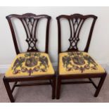 A pair of 18thC mahogany Chippendale style dining chairs. 95cm height to back.