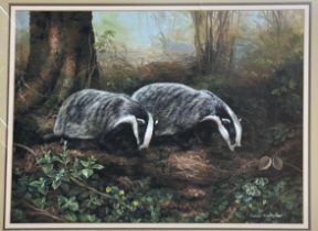 Caroline Manning "Badgers in a Springwood", image size 43cm x 54cm, frame size 77cm x 67.5cm.