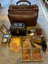 Miscellany to include leather Gladstone bag, Jennens and Bettridge papier mâché tea caddy, Ronson