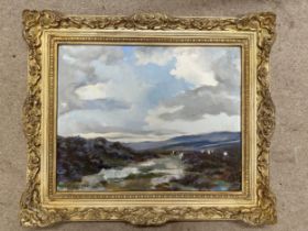 Lewis Creighton ( 1918-1996 British) oil on board, landscape of sheep on the moors, signed lower