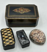 Two papier-mâché snuff boxes, a brass inlaid coromandel box lock engraved Imal Fct. Palais Royal