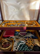 A jewellery box and contents comprising vintage costume jewellery , bangles, brooches, rings,