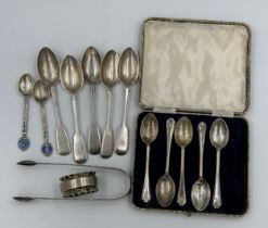 Various hallmarked silver to include: five teaspoons, Exeter 1875 maker Josiah Williams & Co, a part