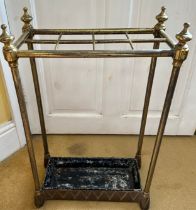 A brass umbrella stand with tray, 36.5 w x18 d x 62cm h.