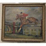 Thomas Sherwood La Fontaine (1915-2007), show jumper on horseback, oil on canvas, signed, 62cm by