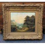 19th century school, bucolic landscape view with shepherd and distant ruin, oil on canvas, unsigned,