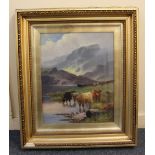 Charles W Oswald (19th/20th century), cattle by a highland loch, oil on canvas, signed, verso