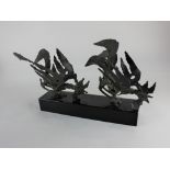 A 20th century welded metal sculpture of two cockerels mounted on rectangular plinth 26cm by 32cm