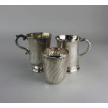 A 19th century silver plated mug based stamped, 'T Oldham, Maker, Nottingham', another plated mug
