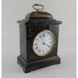 A black lacquered and Chinoiserie decorated bracket type mantle clock with French movement 24cm