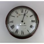 A 19th century mahogany drop dial wall clock, with fusee movement, the circular 12in enamel dial