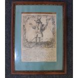 A framed engraving depicting a satire of a servant of Winchester College, titled 'A piece of