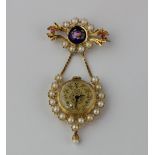 A Rondine gold cased pendant brooch watch the jewelled movement detailed WILLE FRERES, the case back