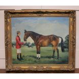 Carolyn Alexander (b 1948), show jumping champion David Broome beside horse Bally Will Will, oil