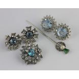 A diamond, cultured pearl and green enamelled stick pin, the finial designed as a thistle, a