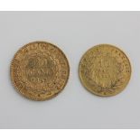 A French 20 Francs gold coin dated 1897 and 10 Franc gold coin dated 1866