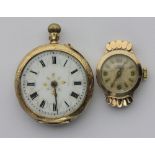 A gold cased keyless wind open face lady's fob watch the exterior case detailed within 18k, together