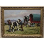 LOT WITHDRAWN Carron O Lodge, Gypsy caravans and horse, oil on board, signed, verso paper label, 51
