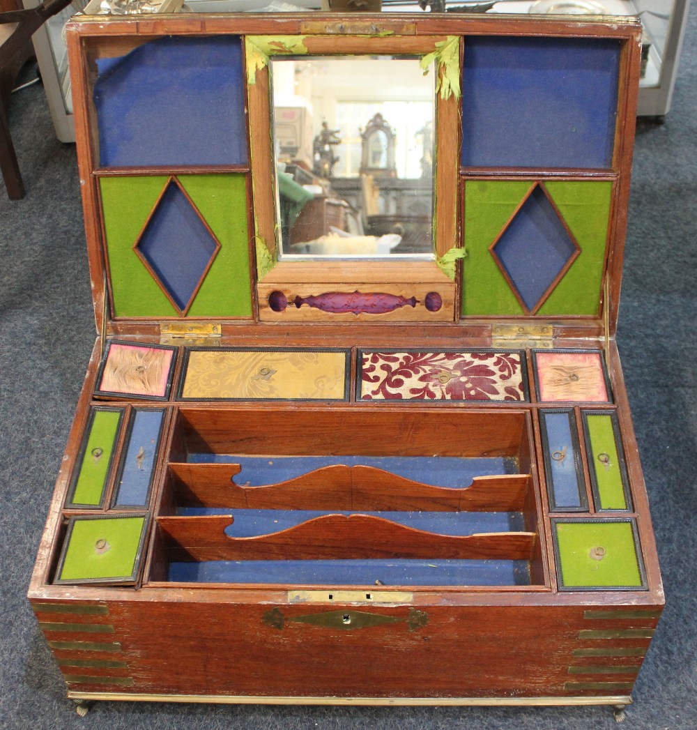 A large brass bound teak stationary box, possibly Anglo Indian, with fitted interior, pull-out - Image 2 of 2