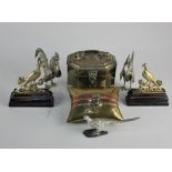 A small brass jewellery casket, 12cm a cushion shaped brass box, 12cm, a pair of metal models of