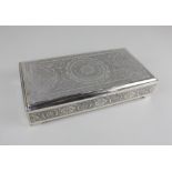An Indian white metal engraved rectangular cigarette box, 18cm 15.5oz