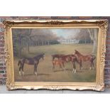 Thomas Percy Earl (1874-1947), thoroughbred stallions, mares and foals in the park, with a country