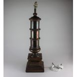 A turned wood and brass table lamp, with cylindrical column on plinth base, 71cm high including