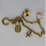 A gold oval link bracelet fitted with five mostly 9ct gold charms to include a tennis racket, a