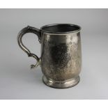 A George V silver mug with scroll handle and engraved initials, maker Barker Brothers, Birmingham