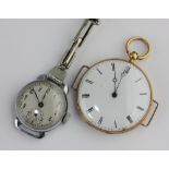 A gold cased lady's fob watch converted for wear as a wristwatch, unsigned cylinder movement, gilt