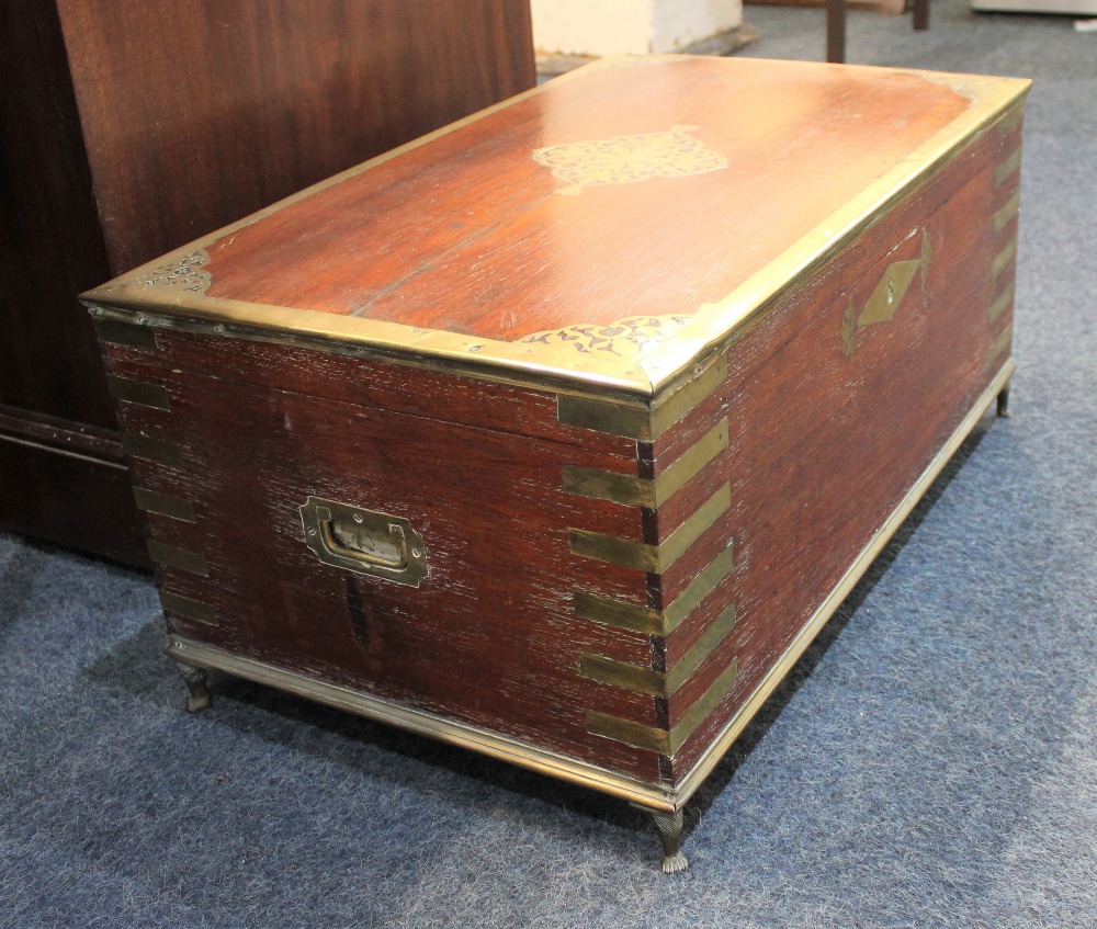 A large brass bound teak stationary box, possibly Anglo Indian, with fitted interior, pull-out